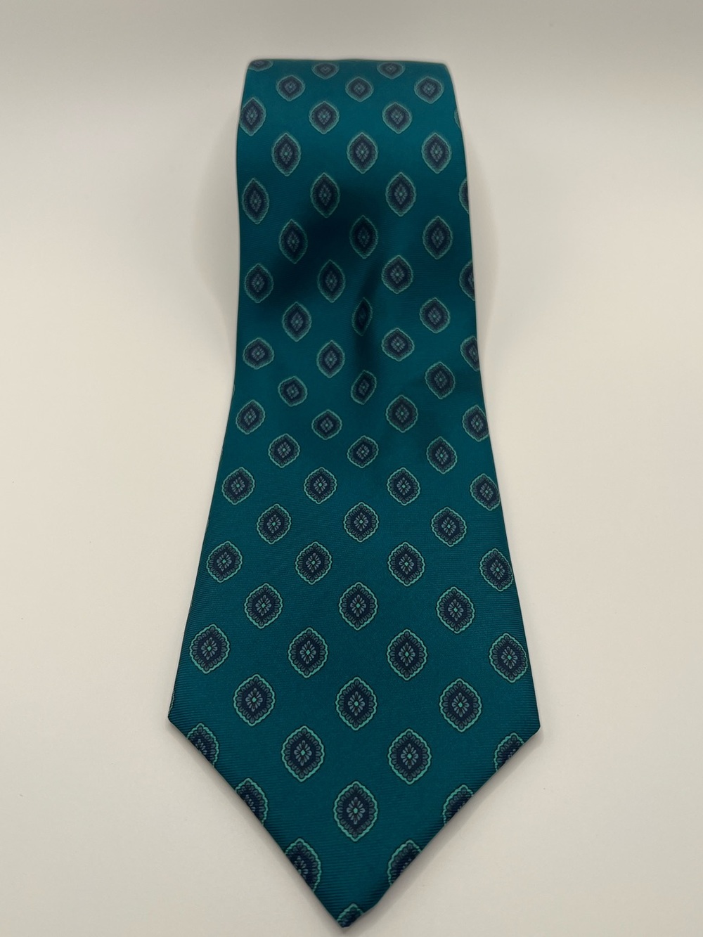 ✨Yves Saint Laurent Teal Teal Medallion Silk Tie Geometric Vintage YSL